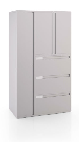Series XXI Kiosk with vertical and lateral cabinets and doors